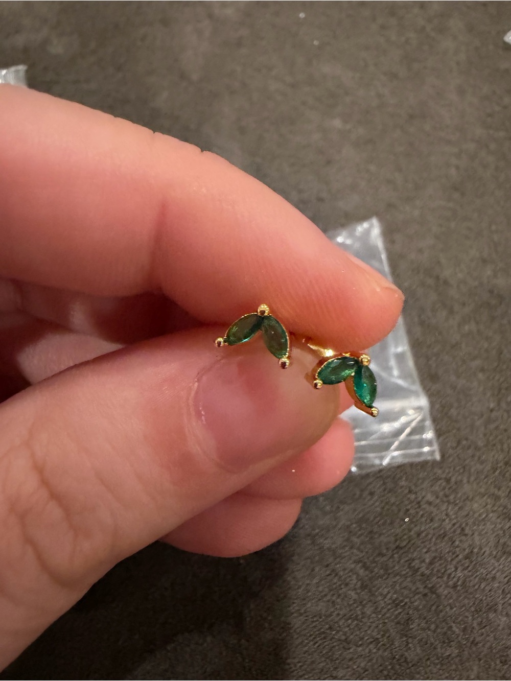 Gold Plated Earrings with Green Marquise Stones - Leaf Accent